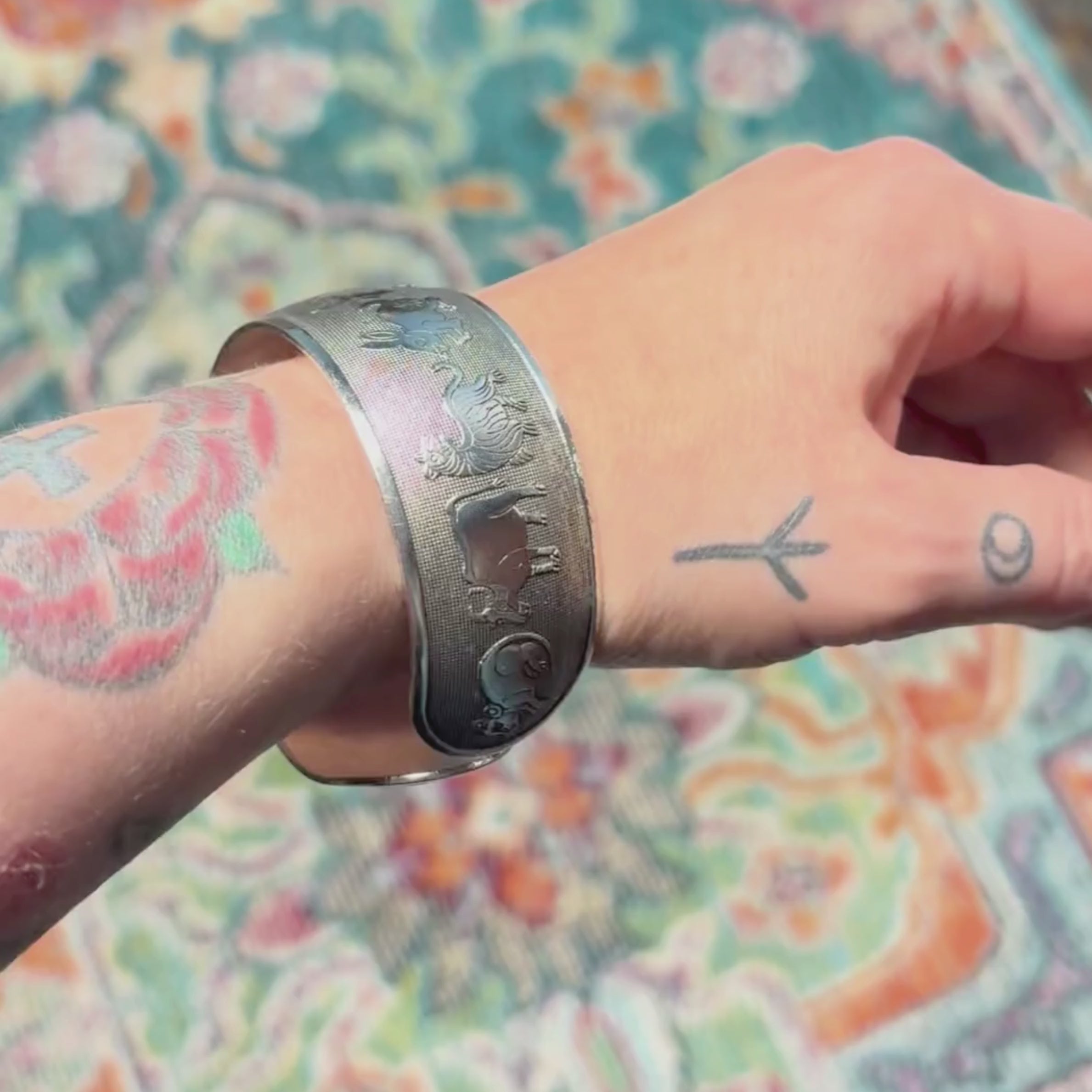 Vintage Chinese Zodiac Cuff Bracelet | Silver Plate